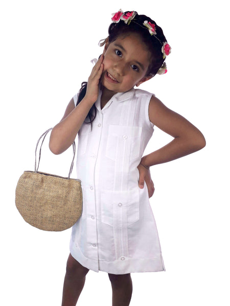 Vestido de lino tipo Guayabera para niña Blanco