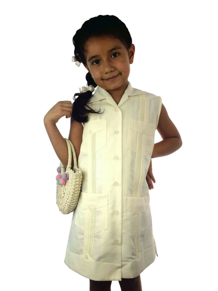 Vestido de lino tipo Guayabera para niña Marfil