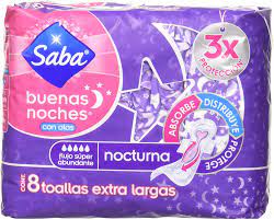 Saba Toalla Fem Buenas Noches ext larga c/alas (Caja con 14 paquetes de 8pz c/u)