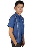Guayabera de Lino bordada para Niño modelo Coba Azul Acero